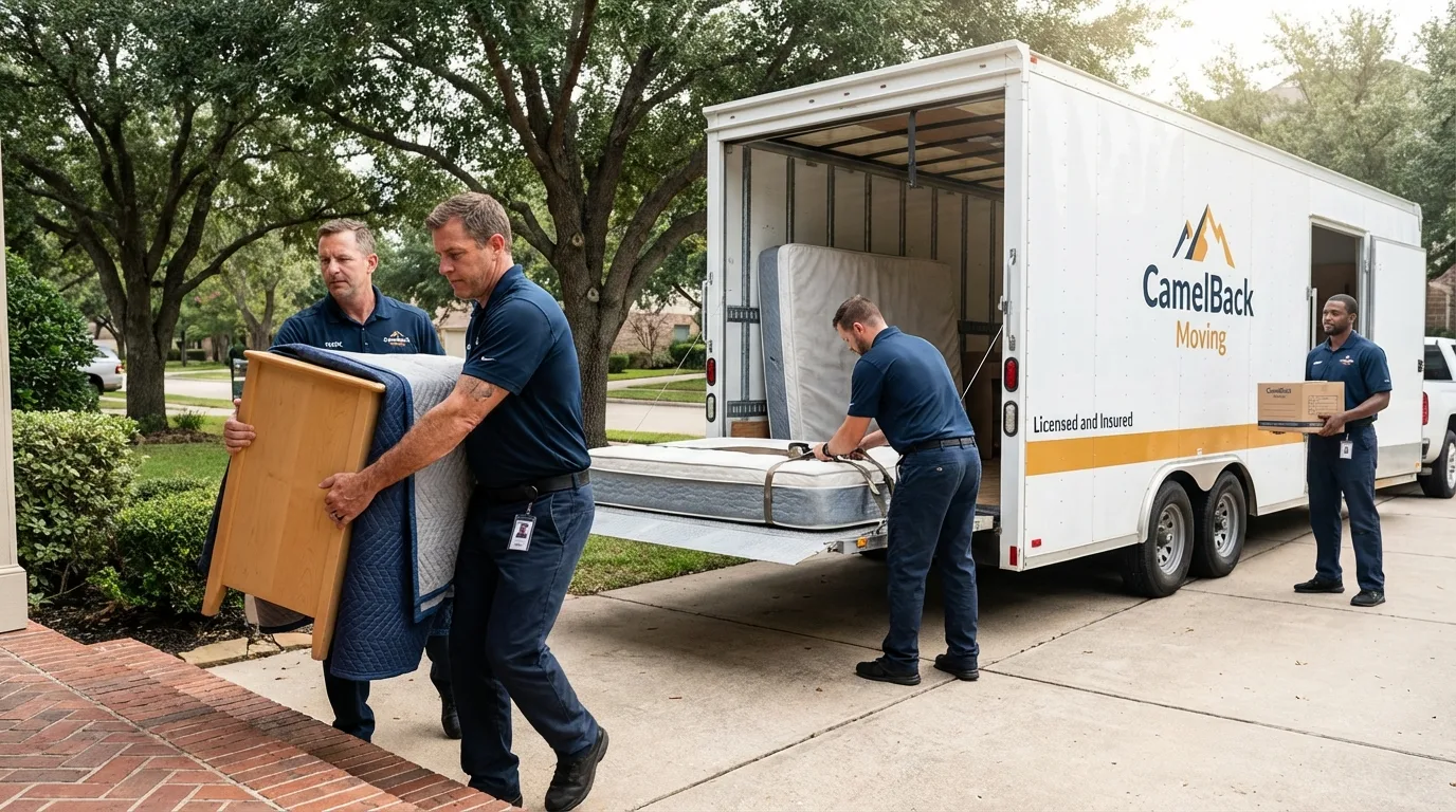 Crew loading residential truck for cross-state move from Port Orford, OR