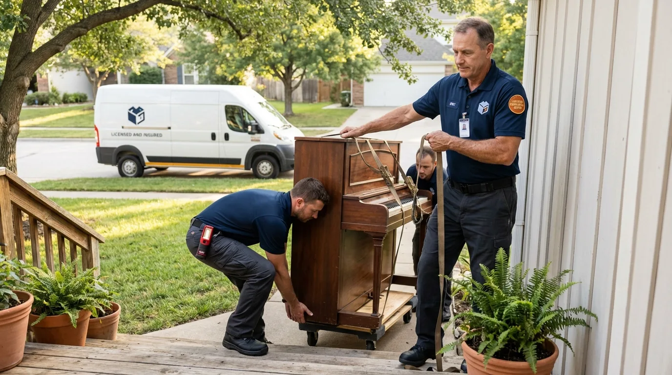 Licensed piano movers securing grand piano in Port Orford, OR