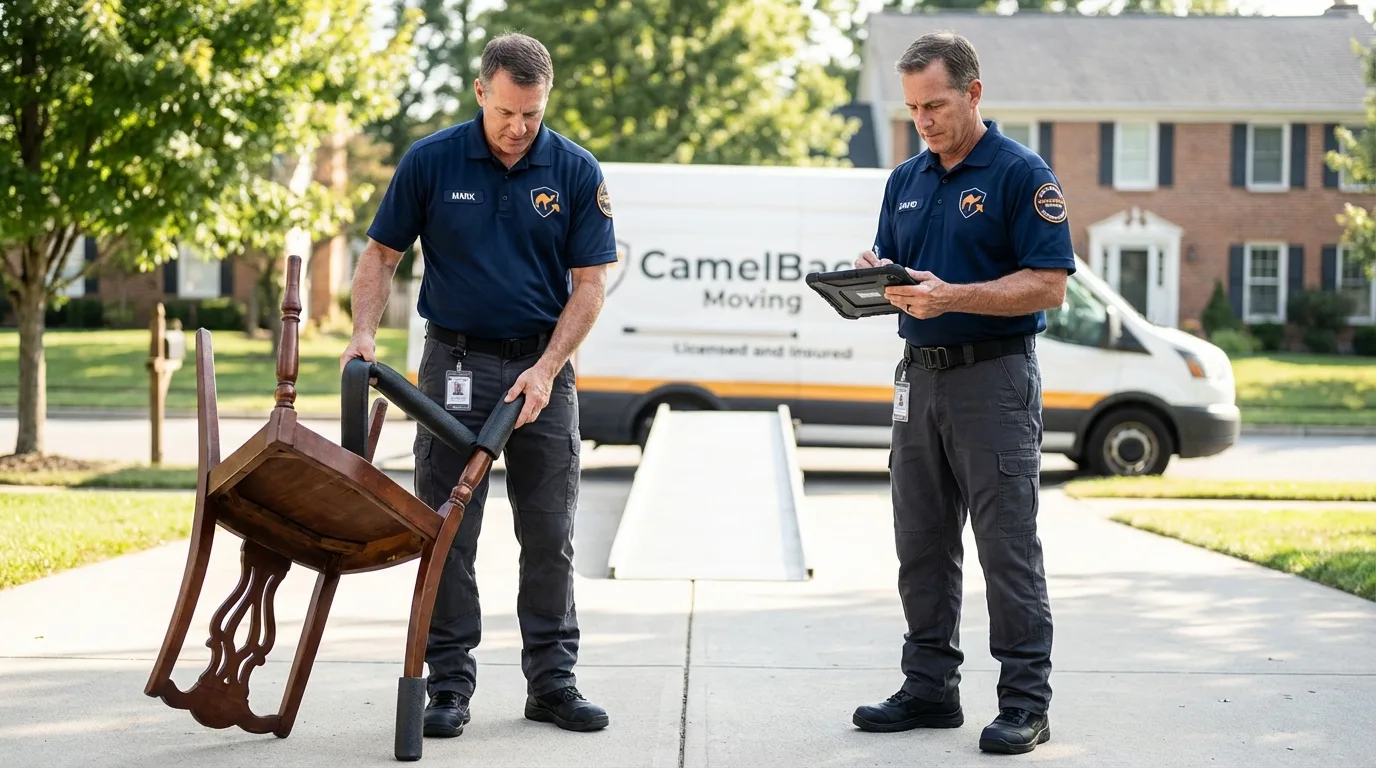 Movers inspecting furniture for damage prevention before loading in Port Orford, OR