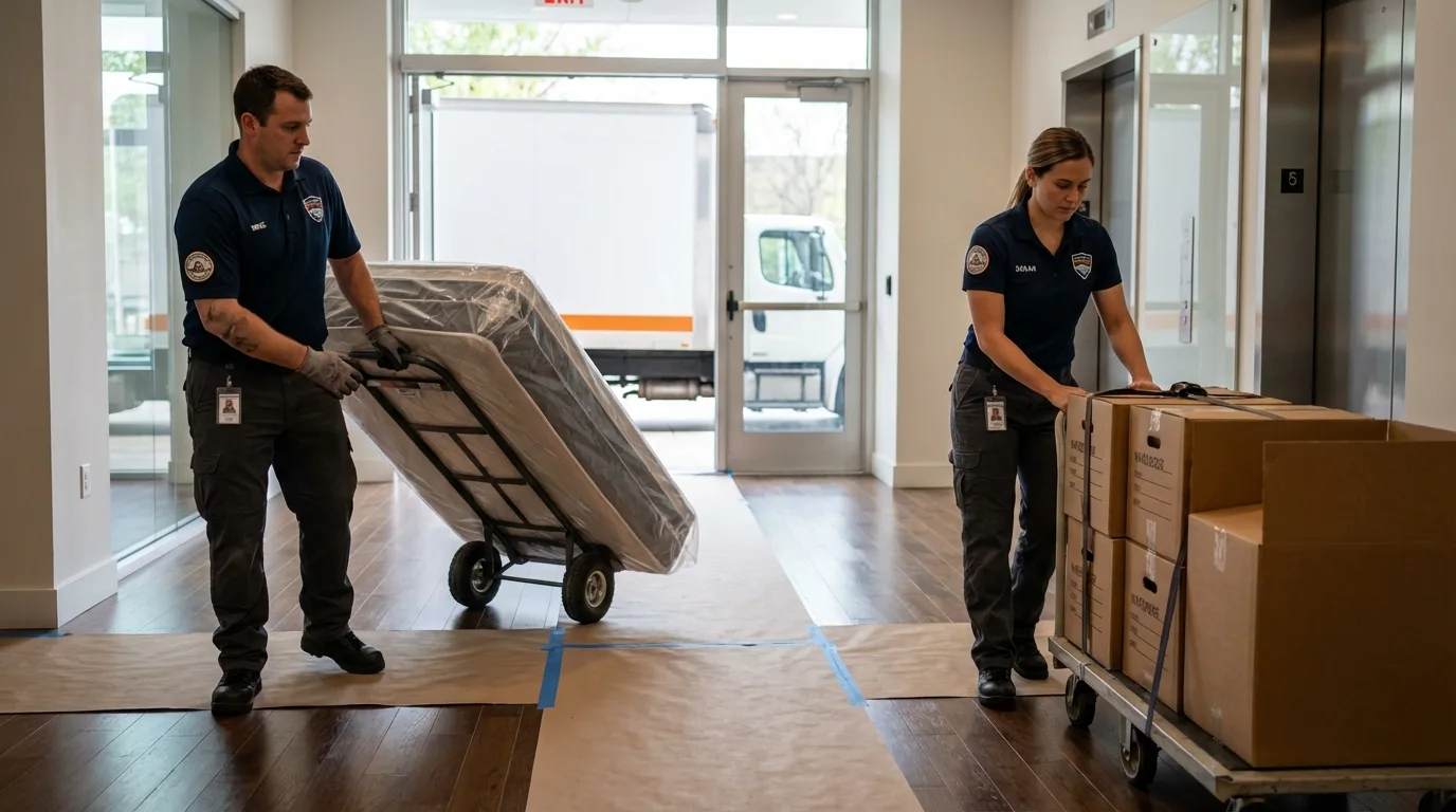 Professional apartment movers loading elevator in Port Orford, OR