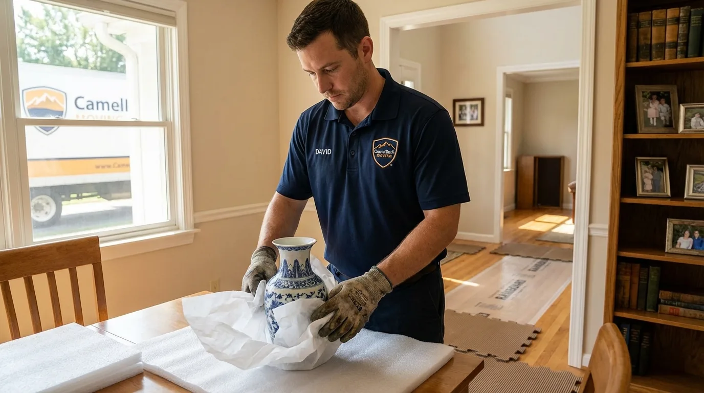 Professional crew carefully wrapping antique vase for senior downsizing move in Port Orford, OR